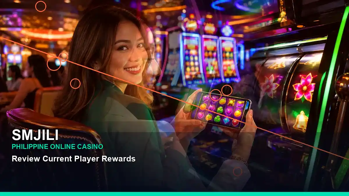 SMJILI reels casino bonus games featuring an adult Filipina casino host with a layered collage composition — view 2