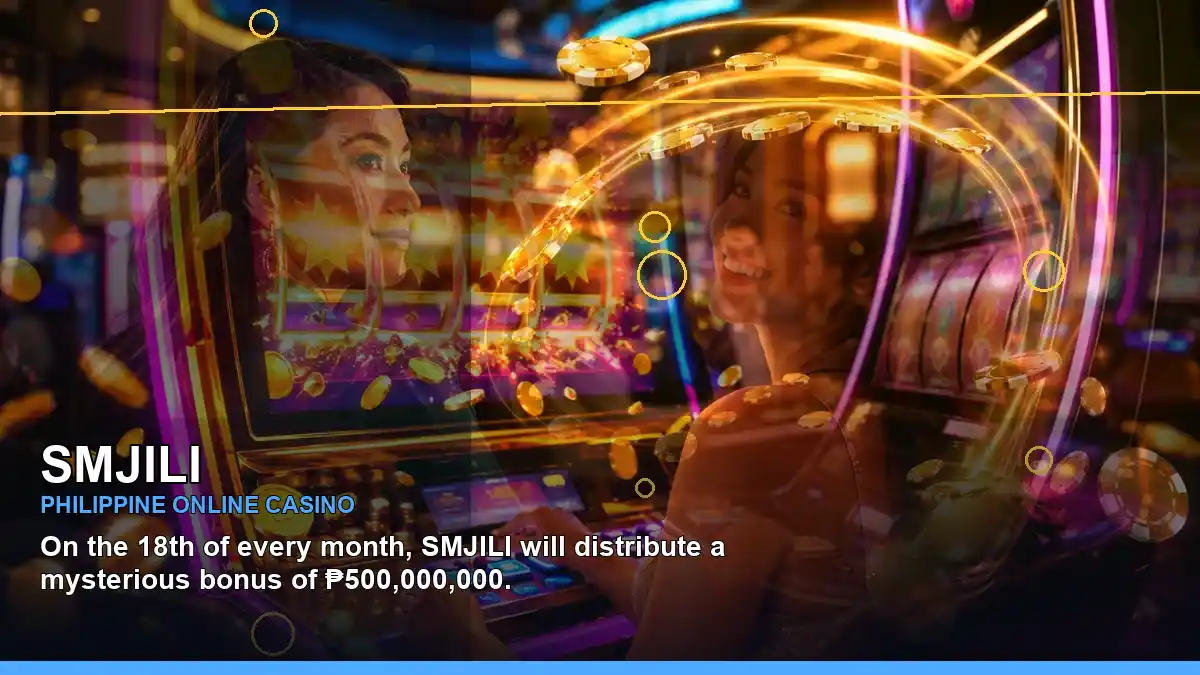 SMJILI lucky reels online slot games featuring an adult Filipina casino host with a left-diagonal composition